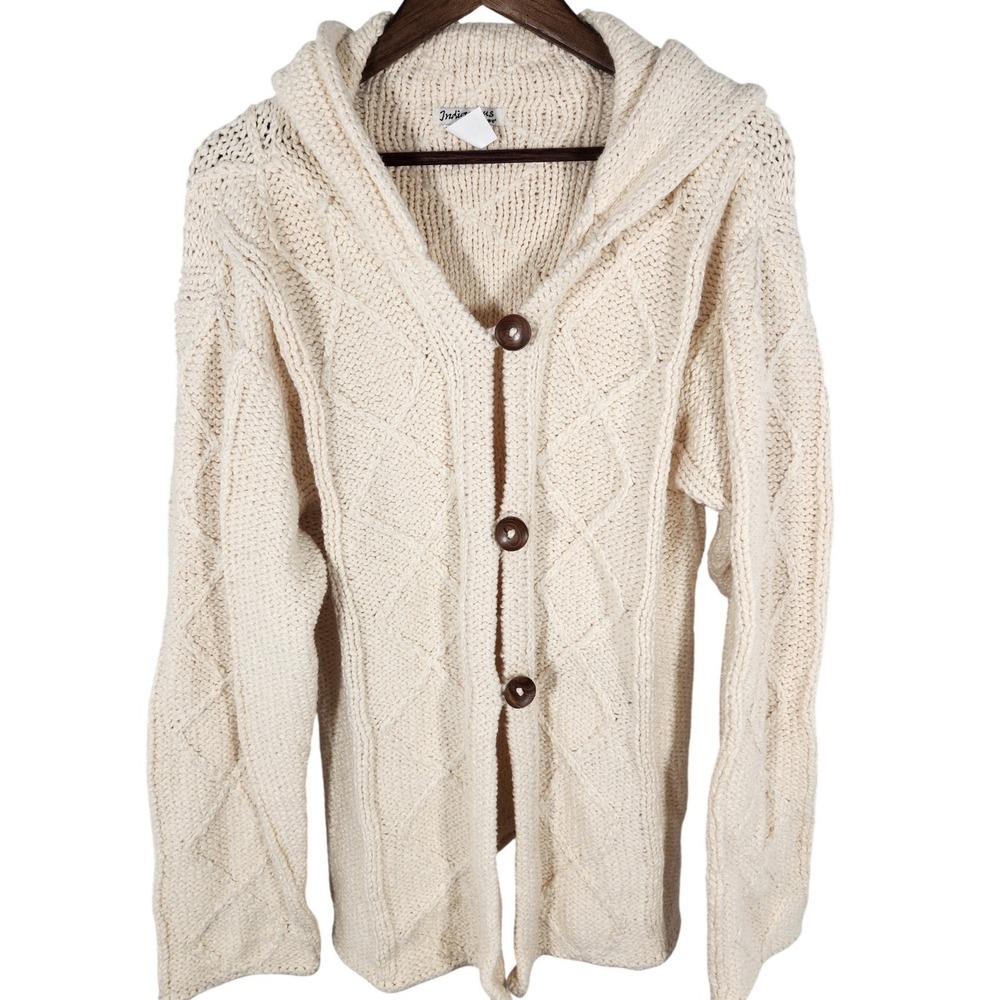 Indigenous 100% Organic Cotton Cream Button Up Hooded Cardigan Coat Chunky M
